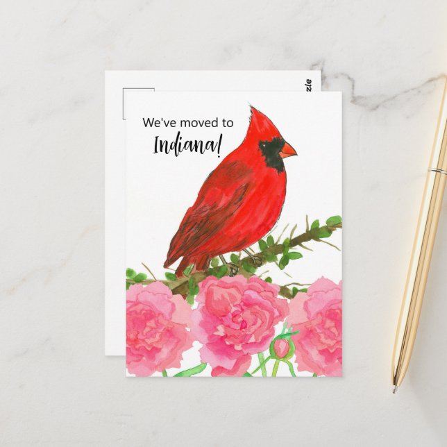 Moving Announcement Indiana Cardinal Bird Peony Postcard (Front/Back In Situ)