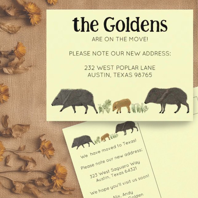 MOVING ANNOUNCEMENT Javelina Family Southwest Postcard (Cute custom moving announcement address change postcard with drawing of javelina family)