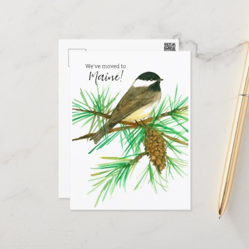 Moving Announcement Maine Chickadee Pinecone Tree Postcard