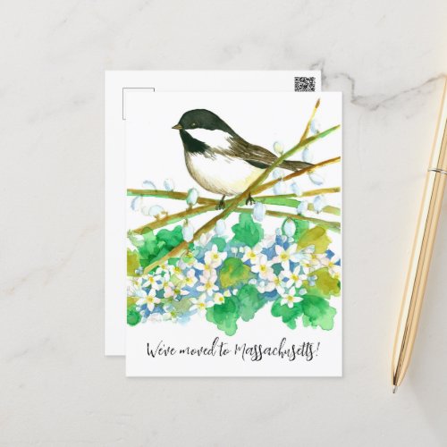 Moving Announcement Massachusetts Chickadee Flower Postcard