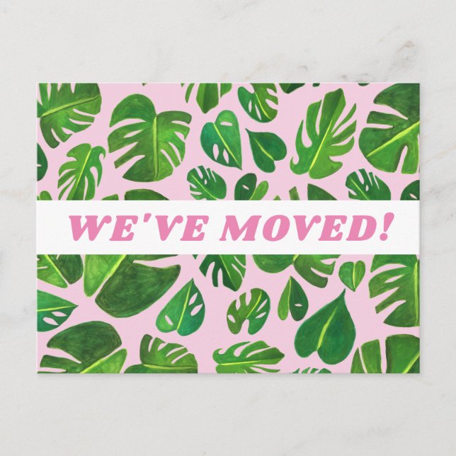 MOVING ANNOUNCEMENT Monstera Leaf Watercolor Pink Postcard (Front)