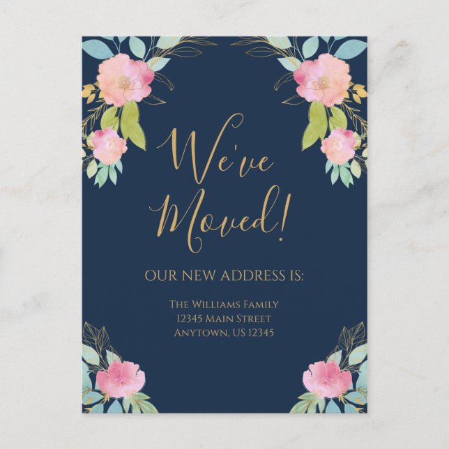 Moving Announcement Navy Blue Pink Flowers Postcard (Front)