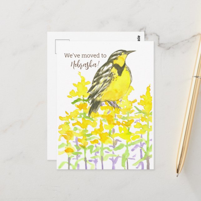 Moving Announcement Nebraska Meadowlark Goldenrod Postcard (Front/Back In Situ)