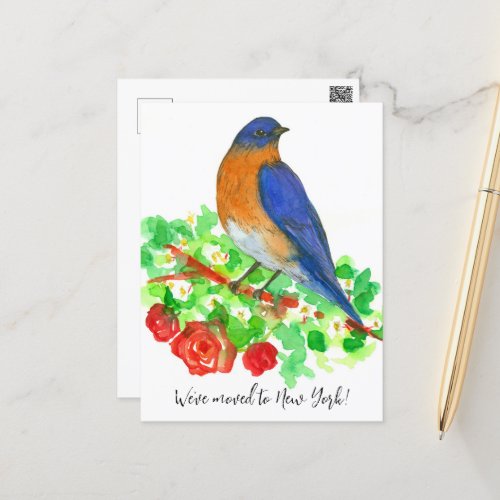 Moving Announcement New York Bluebird Red Roses Postcard