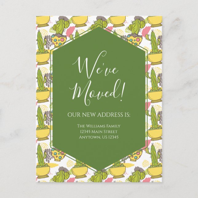 Moving Announcement Potted Cactus Green Yellow Postcard (Front)