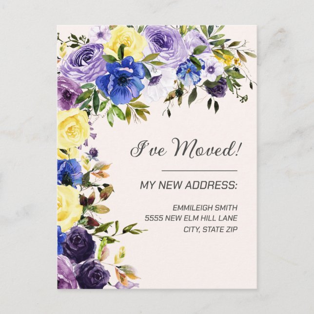 Moving Announcement Purple Yellow Floral Postcard (Front)