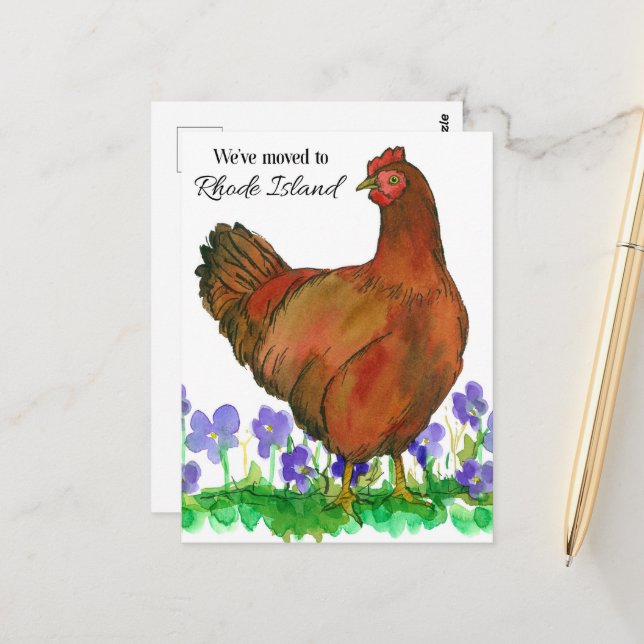 Moving Announcement Rhode Island Red Hen Violets Postcard (Front/Back In Situ)