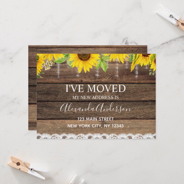 Moving Announcement Rustic Sunflower Wood (Front/Back In Situ)