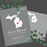 Moving Announcement State MICHIGAN Post Card<br><div class="desc">Moving Announcement | State MICHIGAN Modern moving announcement featuring the state of MICHIGAN, with a red heart & airplane set on a gray background. The background color can be changed easily by clicking personalize and then click to customize further to view our color picker. From there you can also move...</div>
