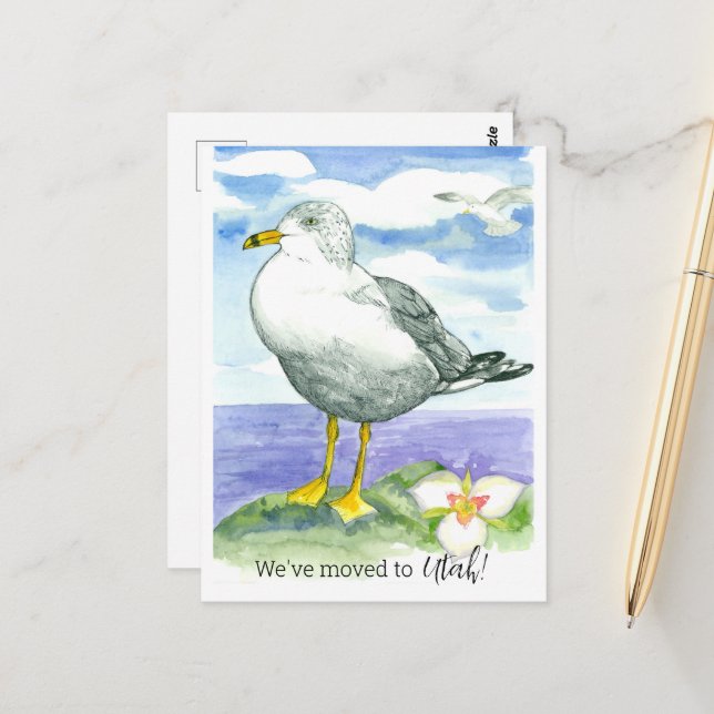 Moving Announcement Utah Seagull Sego Lily Flower Postcard (Front/Back In Situ)
