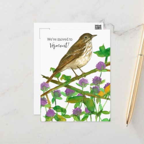 Moving Announcement Vermont Hermit Thrush Clover Postcard