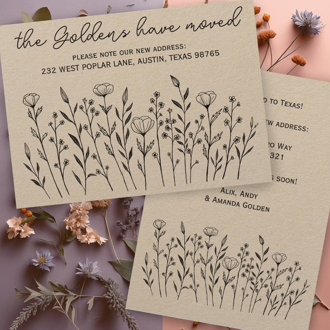 MOVING ANNOUNCEMENT Wildflower Line Art Kraft Card (MOVING ANNOUNCEMENT Wildflower Line Art Kraft Address Change New Home Card)
