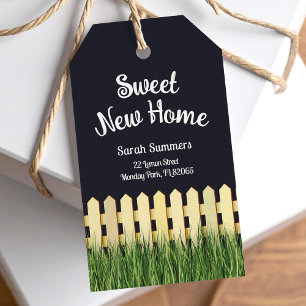 Moving announcement with picket fence and garden gift tags