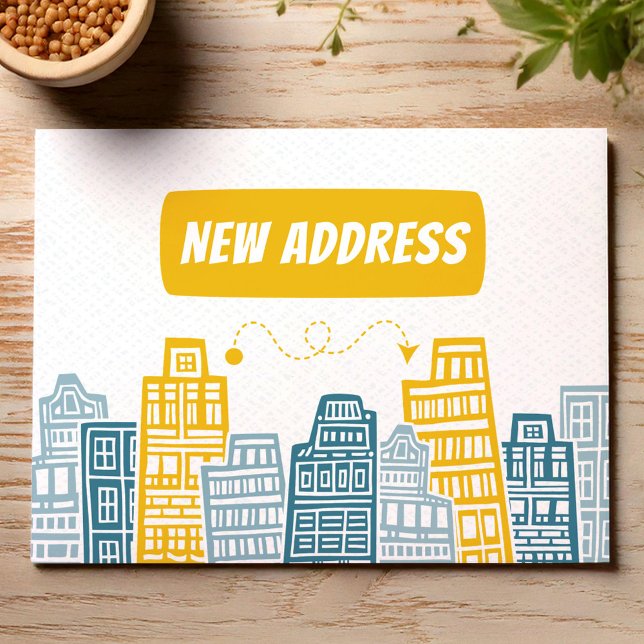 Moving announcement with yellow buildings postcard (Creator Uploaded)