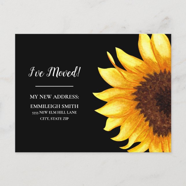 Moving Announcement Yellow Sunflower Black Postcard (Front)