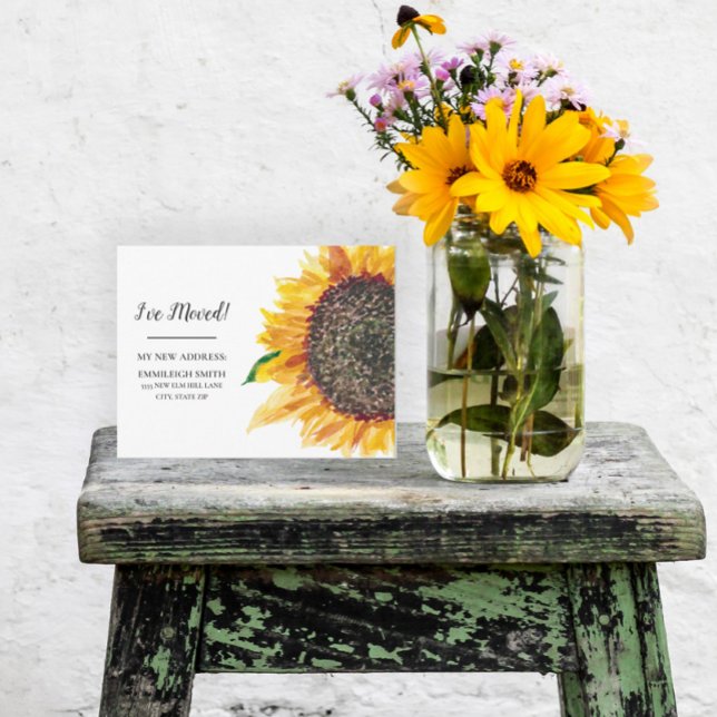 Moving Announcement Yellow Sunflower White Postcard (Creator Uploaded)