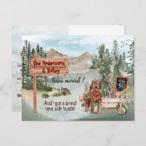 Moving Brown Labradoodle Woodland New Address      Announcement Postcard