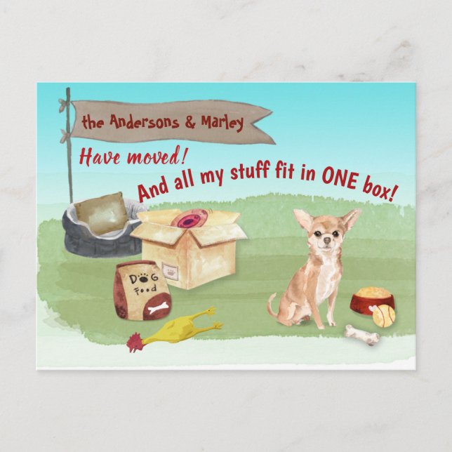 Moving Cute Chihuahua Toys Our New Home   Postcard (Front)