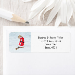 Moving Cute Christmas Dog In Snow Red Santa Suit Label