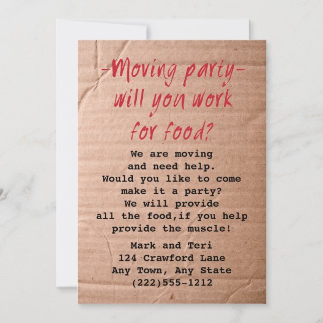 Moving Day Party invitation Work for Food? (Front)