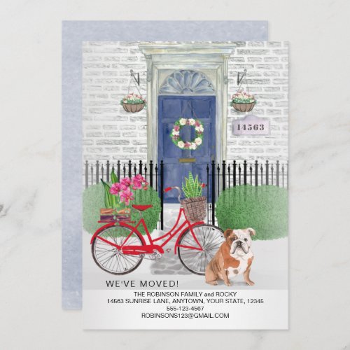 Moving English Bulldog Dog Bicycle Blue Door    Announcement