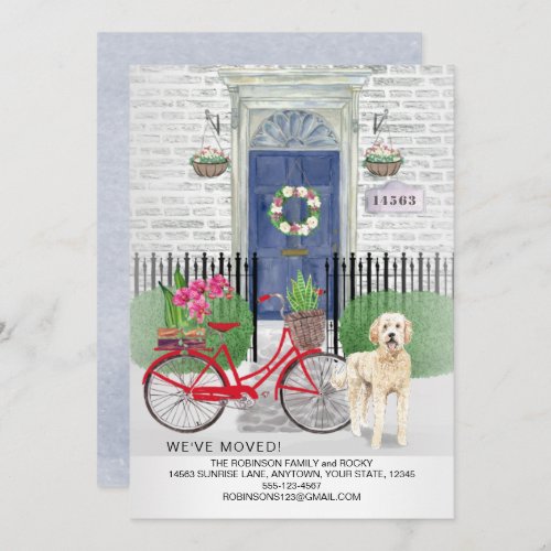 Moving Goldendoodle Dog Bicycle Blue Door     Announcement