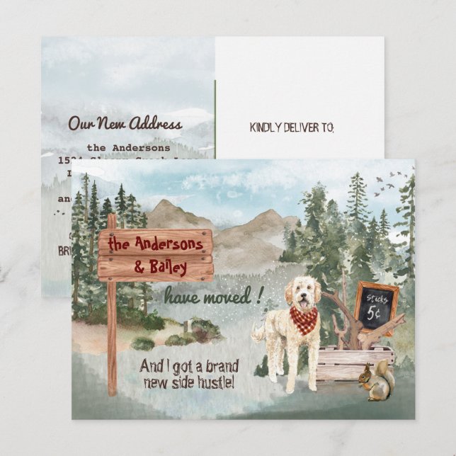 Moving Goldendoodle Pine Woods New Address      Announcement Postcard (Front/Back)