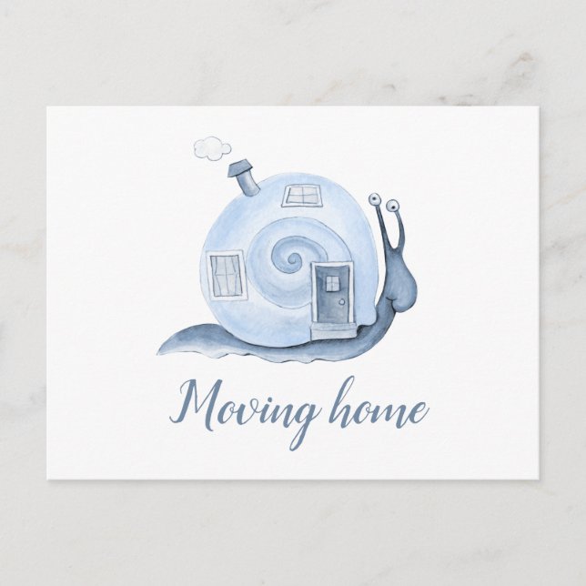 Moving home advance notice snail house move blue announcement postcard (Front)