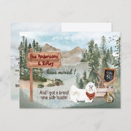 Moving Maltese Dog Woodland Pine New Address     Announcement Postcard