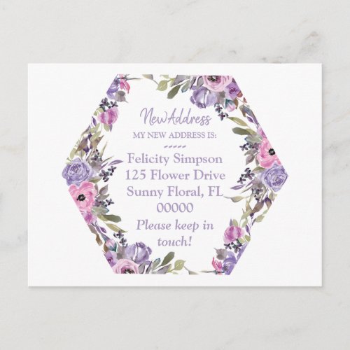 Moving Notice New AddressPurple Floral Geometric  Postcard