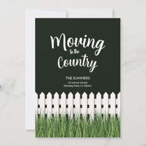 Moving to the country with white fence and grass invitation