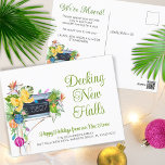 Moving Tropical Botanical Floral Holiday Greeting<br><div class="desc">Tropical moving announcement holiday greeting postcard featuring watercolor tropical foliage, flowers, greenery and festive Christmas holiday ornaments and lights decorations on a mailbox with your new address number on it with the editable title DECKING NEW HALLS and your custom greeting (the sample says HAPPY HOLIDAYS FROM OUR NEW HOME) in...</div>