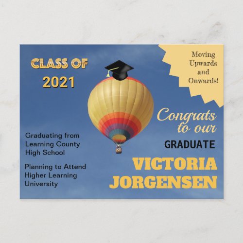 Moving Upwards Onwards Hot Air Balloon Graduation Announcement Postcard