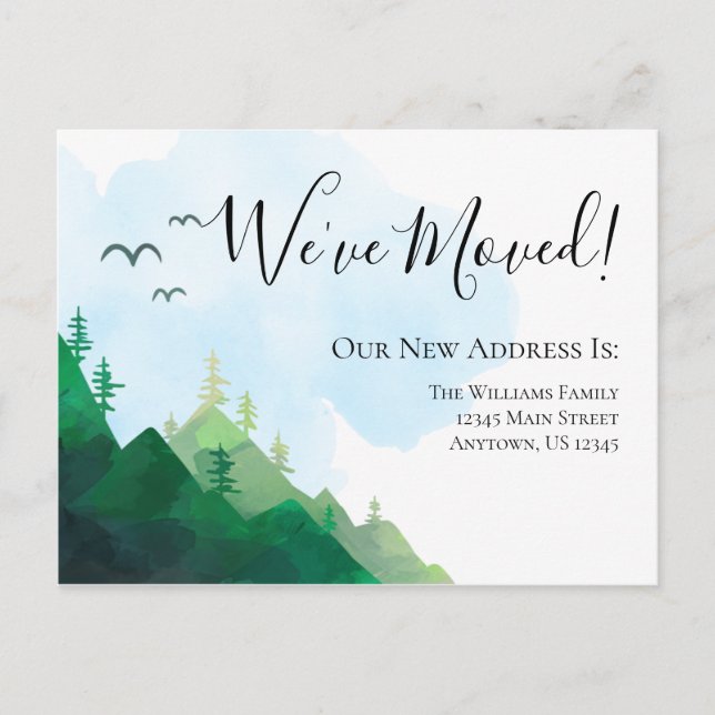 Moving Watercolor Wilderness Mountains We've Moved Postcard (Front)