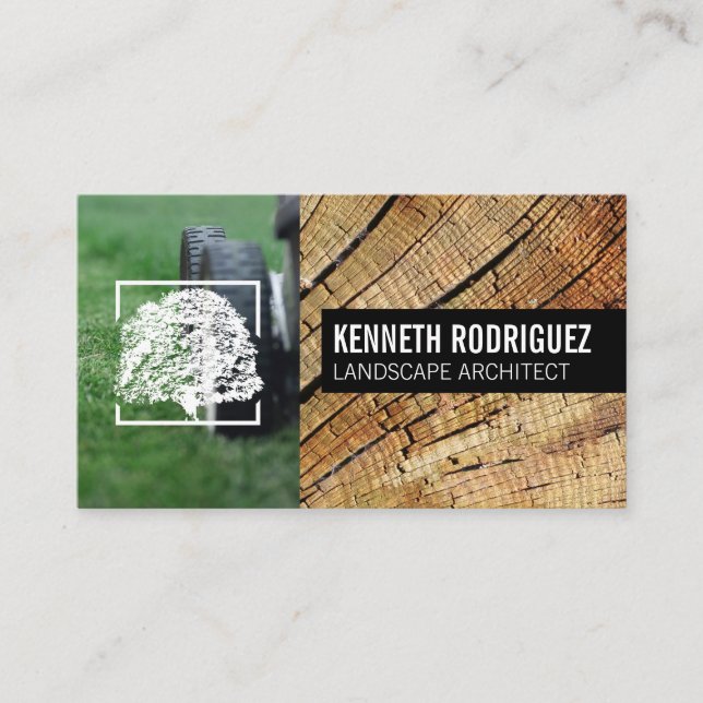 Mower Cutting Grass | Chopped Wood | Tree Logo Business Card (Front)