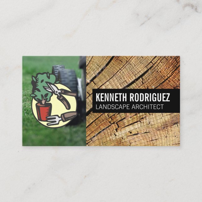 Mower Cutting Grass | Landscaping Logo Business Card (Front)