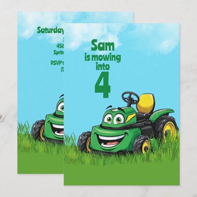 Mowing Into Lawn Mower Birthday Party Invitation (Front/Back)