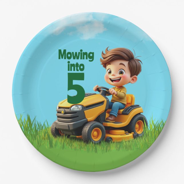Mowing into Lawn Mower Birthday Party Paper Plates (Front)