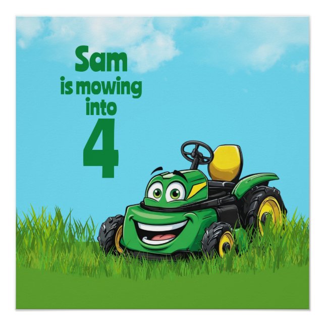 Mowing Into Lawn Mower Birthday Party Poster (Front)