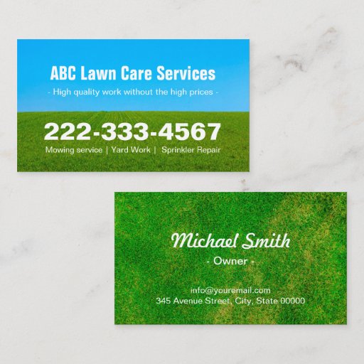 Customizable Mowing Lawn Care Green Field Grass Blue Sky Business Card