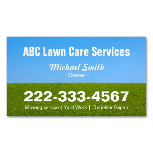 Mowing Lawn Care Green Field Grass Blue Sky Business Card Magnet