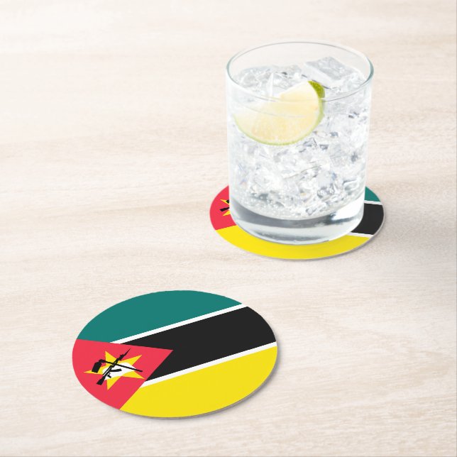 Mozambique flag round paper coaster (Insitu)