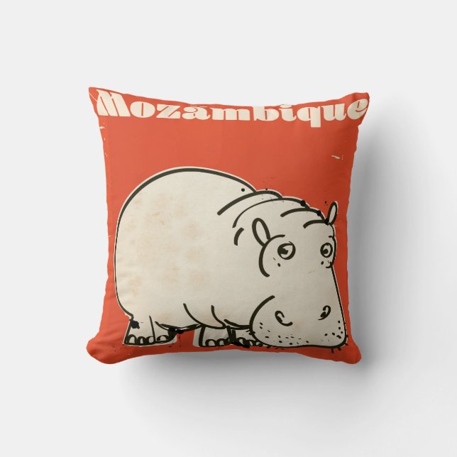 Mozambique hippo travel poster print throw pillow (Front)
