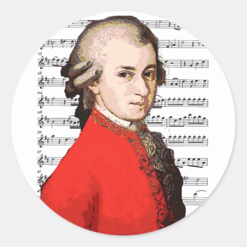Mozart Portrait and Music Classic Round Sticker