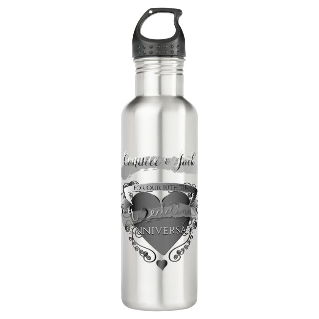 Mr."10th Tin Wedding Anniversary" 3DHeart Emblem Stainless Steel Water Bottle (Front)