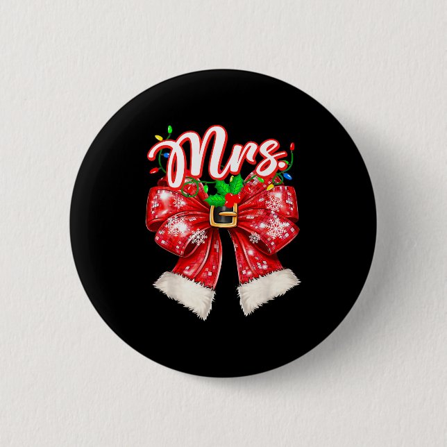 Mr &amp; Mrs Couples Coquette Bow Santa Claus Chri Button (Front)