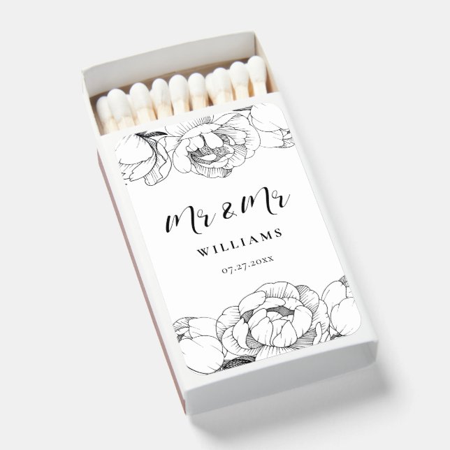 Mr and Mr Black and white peonies elegant wedding Matchboxes (Front Open)