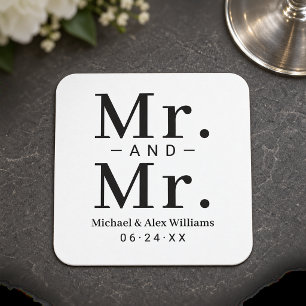 Mr and Mr Black and White Wedding Square Paper Coaster