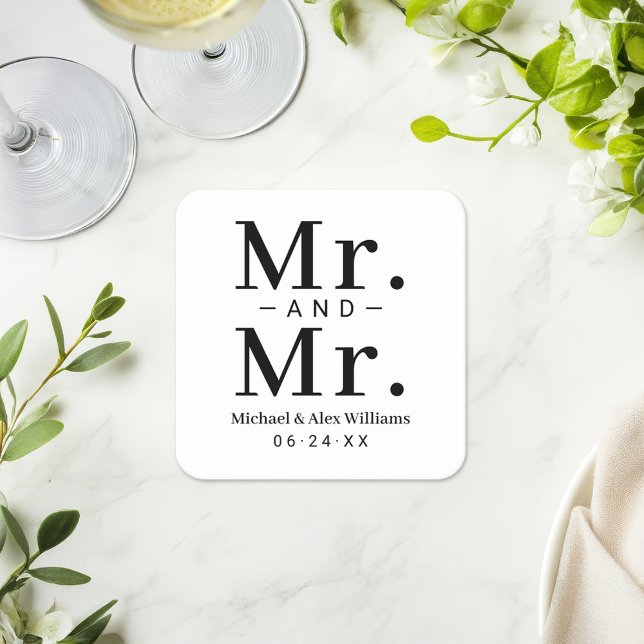Mr and Mr Black and White Wedding Square Paper Coaster (Creator Uploaded)
