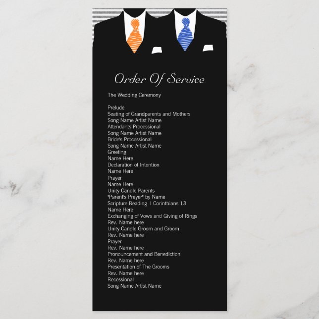 Mr and Mr Blue / Orange Gay Wedding Service Order Program (Front)